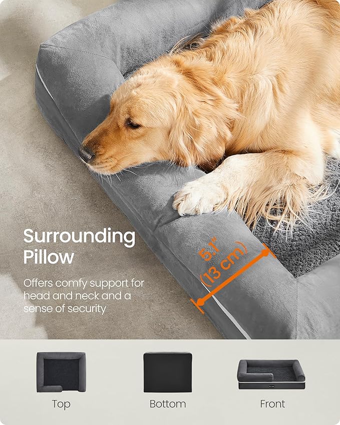 Feandrea Orthopedic Dog Bed, Large Dog Bed Waterproof, Removable Washable Cover Sofa with Non-Slip Bottom, Raised Edges, 36 x 28 x 8 Inches, Light Gray UPGW067G02