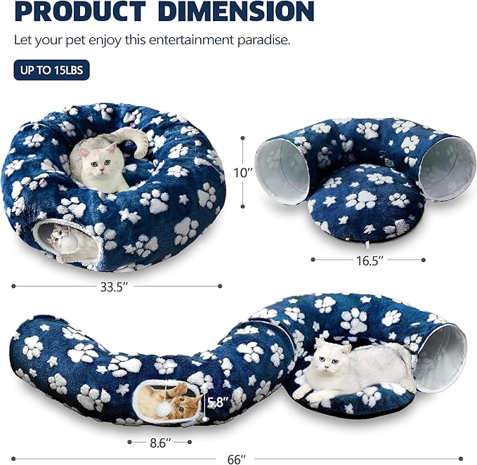 Cat Tunnel for Indoor Cats, Cute Peekaboo Cat Cave with Dangling Balls, Pet Donut Tunnel Bed with Circle Mat for Puppy Kitten Rabbit, Blue Paw