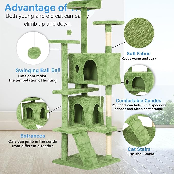 FDW Cat Tree 70in Cat Tower Multi-Level Durable Cat Scratching Post & Cozy Fun Cat Jumping Platform Space Saving Cat Condo Pet Play House for Indoor Cats,Green