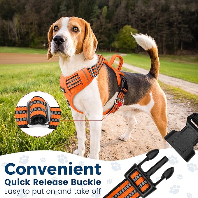 Funfox Dog Harness No Pull, Adjustable Pet Vest Harness, Super Soft Material with Vertical Handle Easy Control, Reflective Night Walking, 2 Leash Clips for Large Dogs, Orange, L