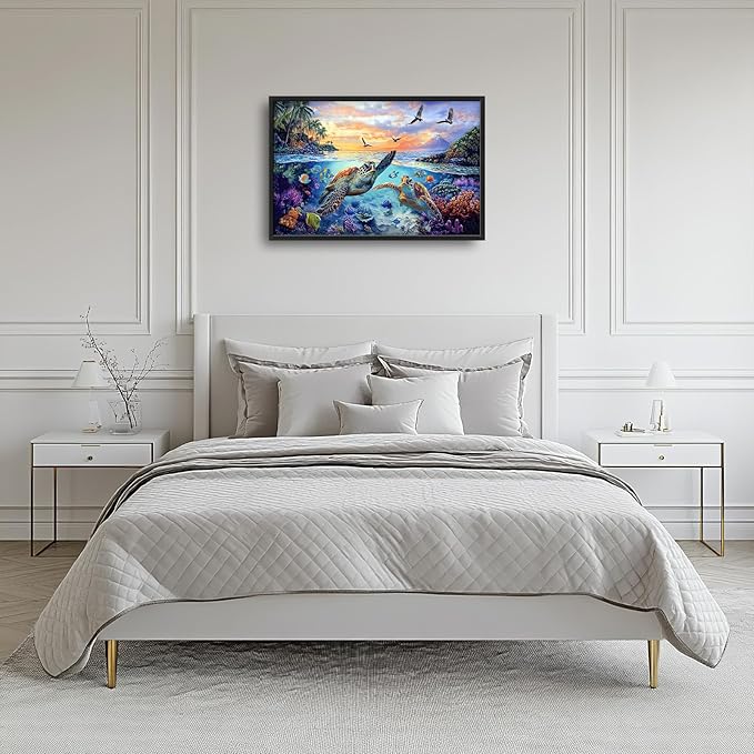 Framed Large Sea Turtle Wall Art for Living Room, Oversized Ocean Turtle Wall Decor Seascape Underwater Marine Life Canvas Painting Home Decoration for Living Room Bedroom Office 36"x24"