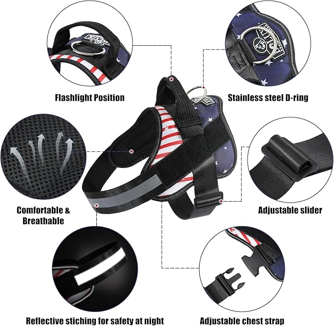 Bolux Dog Harness, No-Pull Reflective Dog Vest, Breathable Adjustable Pet Harness with Handle for Outdoor Walking - No More Pulling, Tugging or Choking (Flag, Medium)