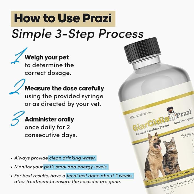Say Good Bye to Tapeworms in Dogs and Cats with GiarCidia Prazi for 60 MLS Liquid - Include 3 ml Dropper with Cap
