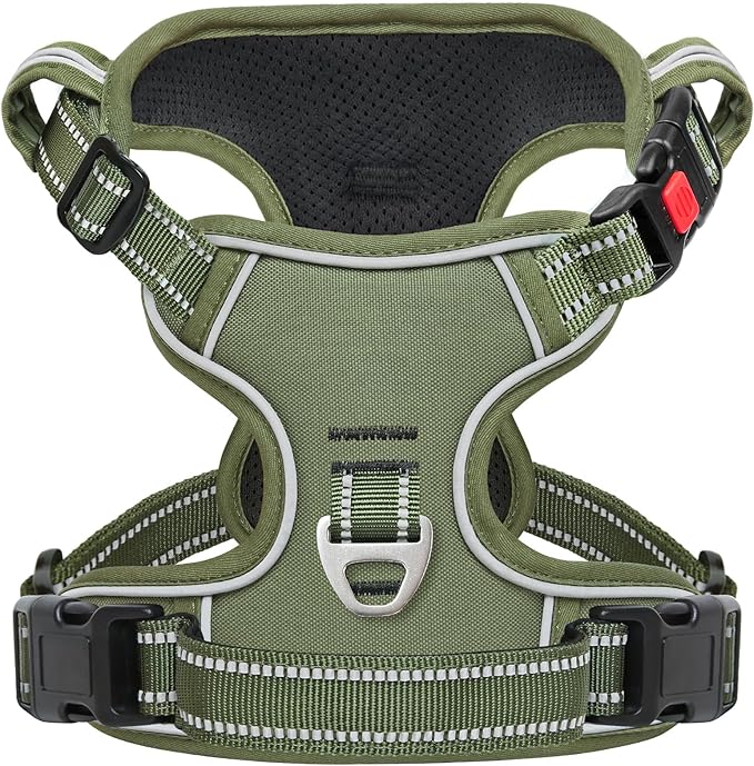 Timos Dog Harness Medium Sized, No Pull Pet Harness with Neck Lockable Snap,No Choke Front Clip Dog Reflective Vest,Adjustable Metal Rings 3 Buckles,Easy Control Handle for Medium Dogs Green M