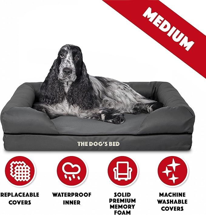The Dog’s Bed Medium Oxford Grey 30x23.5, Memory Foam, Pain Relief: Arthritis, Hip & Elbow Dysplasia, Post Surgery, Lameness, Supportive, Calming, Waterproof Washable Cover, Veterinary Approved