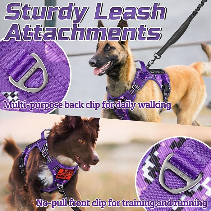 rabbitgoo Tactical Dog Harness for Large Dogs, No Pull Military Service Vest with Handle & Molle, Easy Control for Training Walking, Adjustable Reflective Straps, Purple Camo, XL