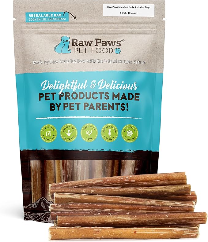 Raw Paws Standard Bully Sticks for Small Dogs, 6-Inch (10 Count) - Low Odor Junior Bully Chews - Free-Range Pizzle Sticks for Dogs - Single Ingredient Dog Chews - Rawhide Alternative - Long Lasting