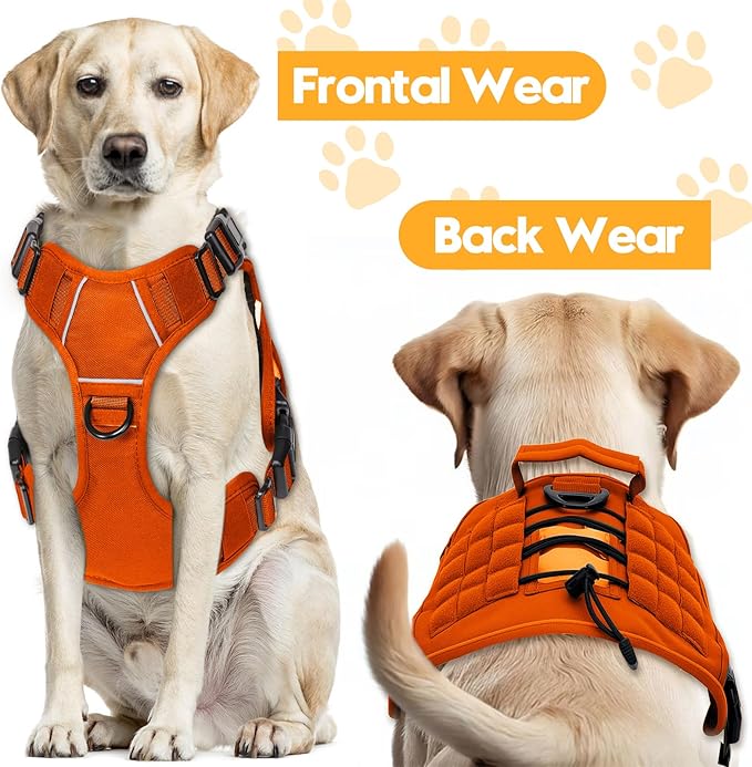 Heavy-Duty Tactical Dog Harness for Large Dogs, No Pull Adjustable Reflective Pet Vest with Molle System, K9 Military-Grade Control for Service Training, Outdoor & 10+ Breeds, Orange, X-Large