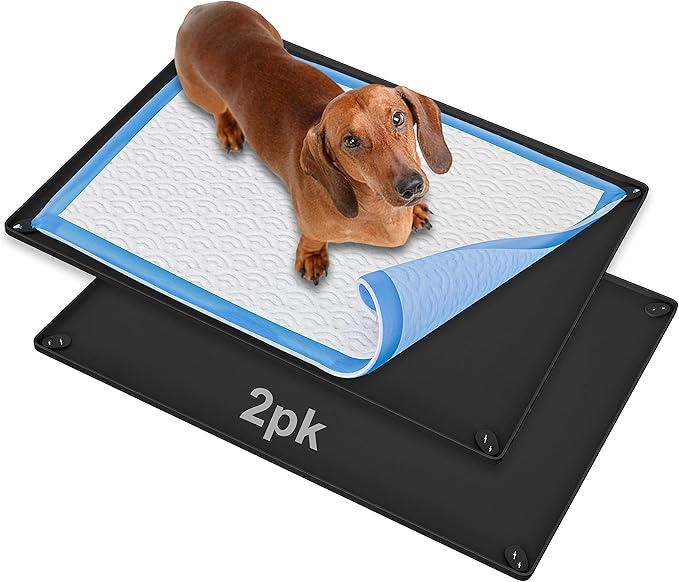 Skywin TidyFriend 2 Pk Pee Pad Holder Tray for 30” x 23” Pee Pads with Corner Lock Holes, Raised Edges, Non-Spill, Easy to Clean Silicone Dog Potty Tray Holder, for Indoor Floor Protection (Black)