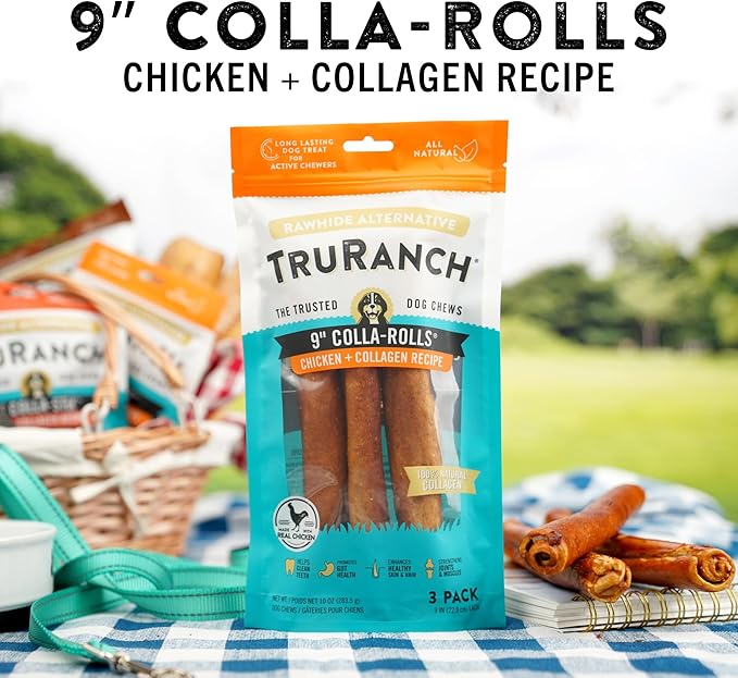 Collagen Rolls - 9" Collagen Rolls for Dogs - Long Lasting Healthy Joint Support - Rawhide Alternative - Skin & Coat Health - Made with Real Chicken, Value Pack, 15 Bags, 45 Count