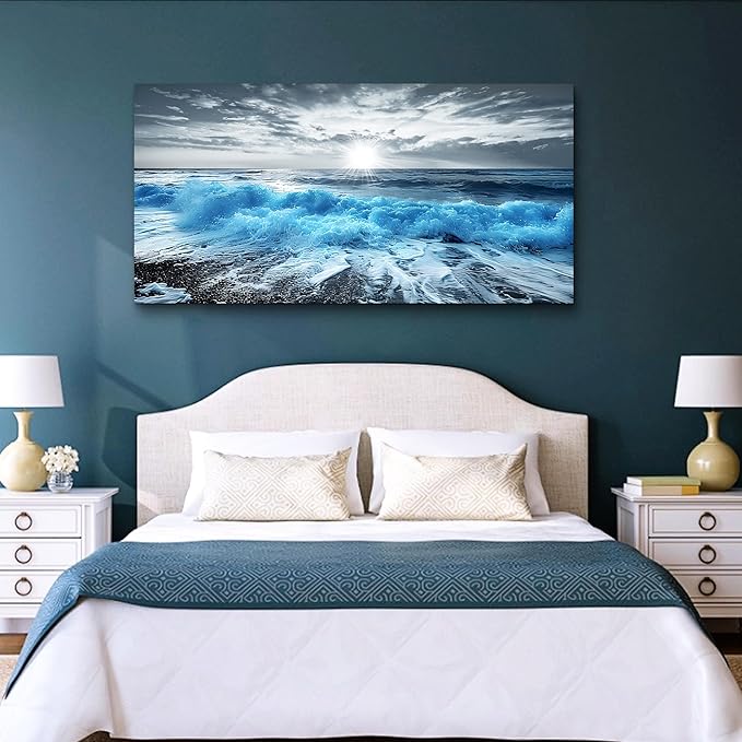 Lapremoly Large Canvas Wall Decor For Office Framed Wall Art For Living Room Blue Beach Painting Ocean Sea Waves Wall Pictures Bedroom Home Decorations Prints Posters Mural Artwork Ready to hang