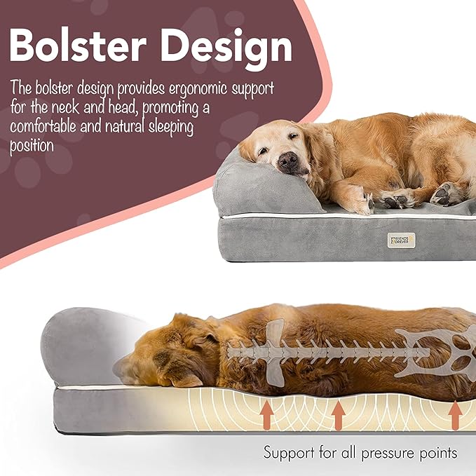 Chester Large Dog Bed - Orthopedic Memory Foam Mattress, Calming Couch, Wall Rim Pillow, Water Resistant, Washable Cover, Non-Slip, Khaki Beige