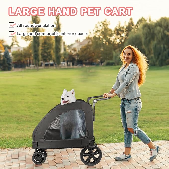 Large Dog Travel Stroller with 4 Heavy Duty Wheels Pet Stroller with Adjustable Handle - Double Doggie Capacity Jogger Wagon with Back Front Door for Small Medium Large Dogs (Black)