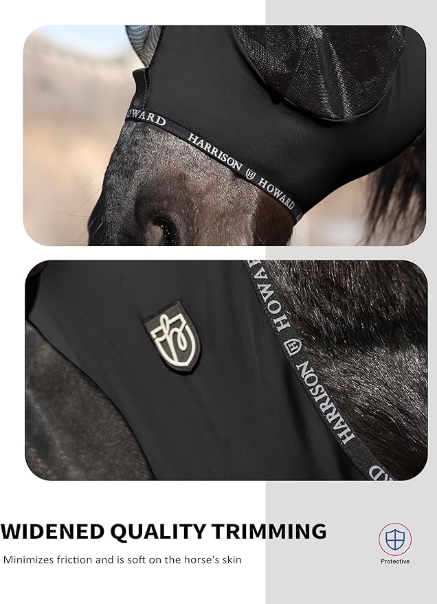 Harrison Howard Horse Fly Mask with Forelock Opening Stretch Breathable and Comfortable for Horses UV -Protection Black M
