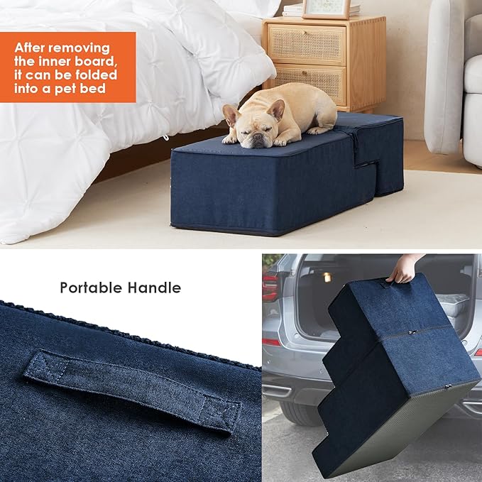 EHEYCIGA Dog Stairs for Bed 20" H, 4-Step Extra Wide Dog Steps for High Bed, Pet Steps for Small Dogs and Cats, Non-Slip Balanced Pet Ramp Indoor, Navy Blue