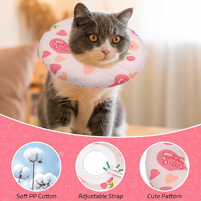 Cat Cone Soft Collar - Adjustable Recovery E Collar for Small, Medium, Large Cats - Cute Donut After Surgery, Anti-Lick Wound Healing Elizabethan for Kittens (Pink Heart, Medium)