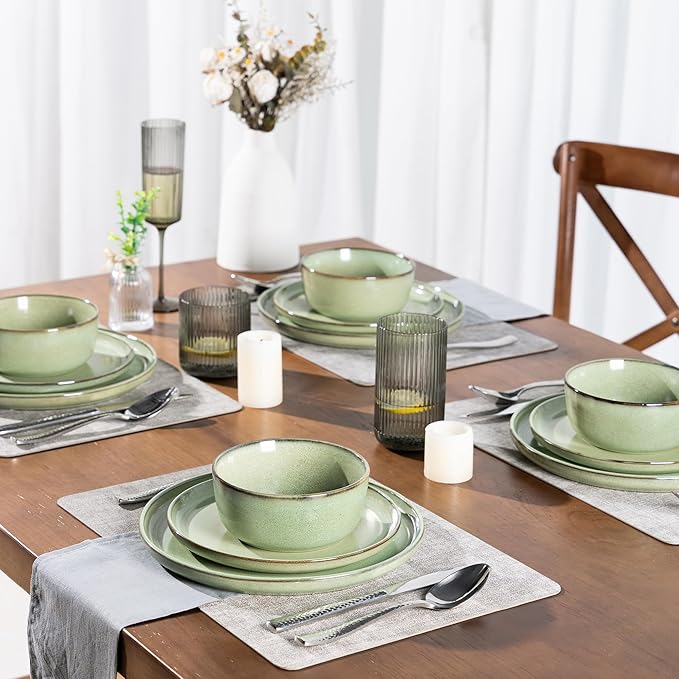 GBHOME Ceramic Dinnerware Sets for 8, 24 Pieces Stoneware Plates and Bowls Sets, Scratch Resistant Dishes, Dishwasher & Microwave Safe-Pastel Green