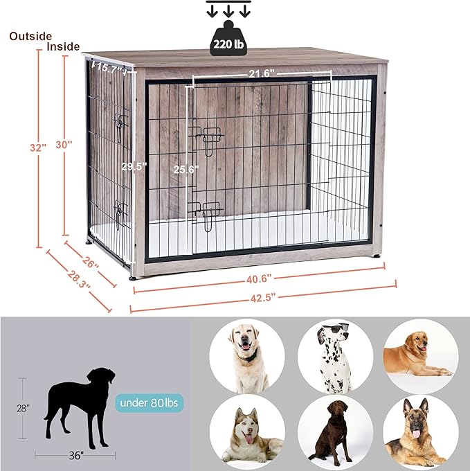 DWANTON Dog Crate Furniture with Cushion, Wooden Kennel Table with Double Doors, Indoor Dog House, Extra Large Size, 43.3" L, Greige