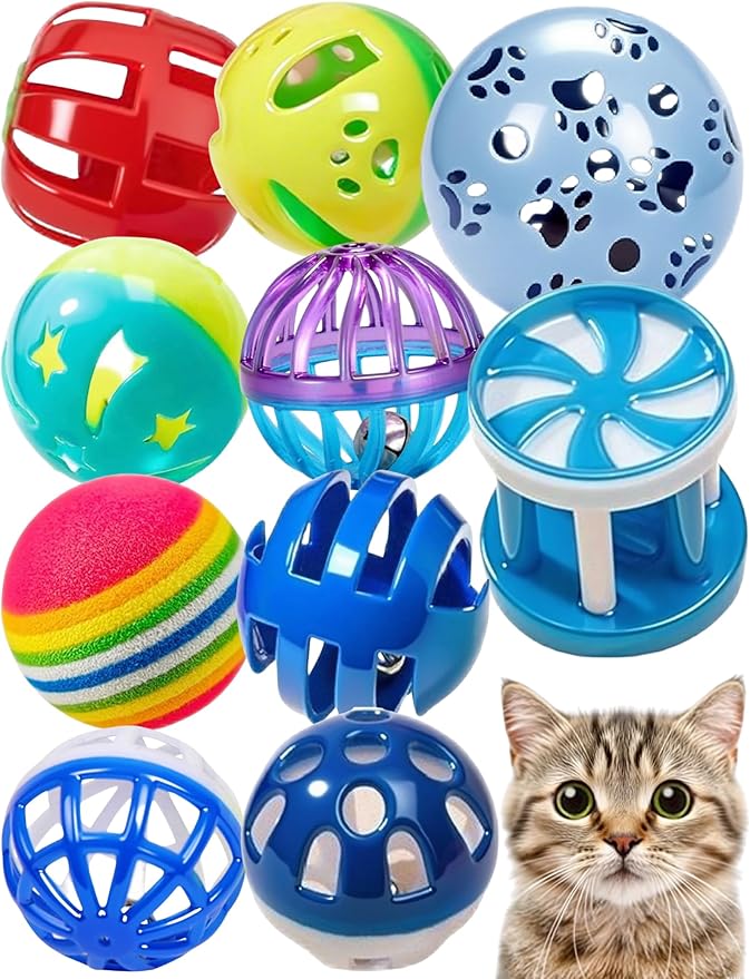 10-Pack Cat Toy Balls with Bell for All Cats, Playtime Paradise (1.5'' - 2.3'', Cat Toys Mega Set)