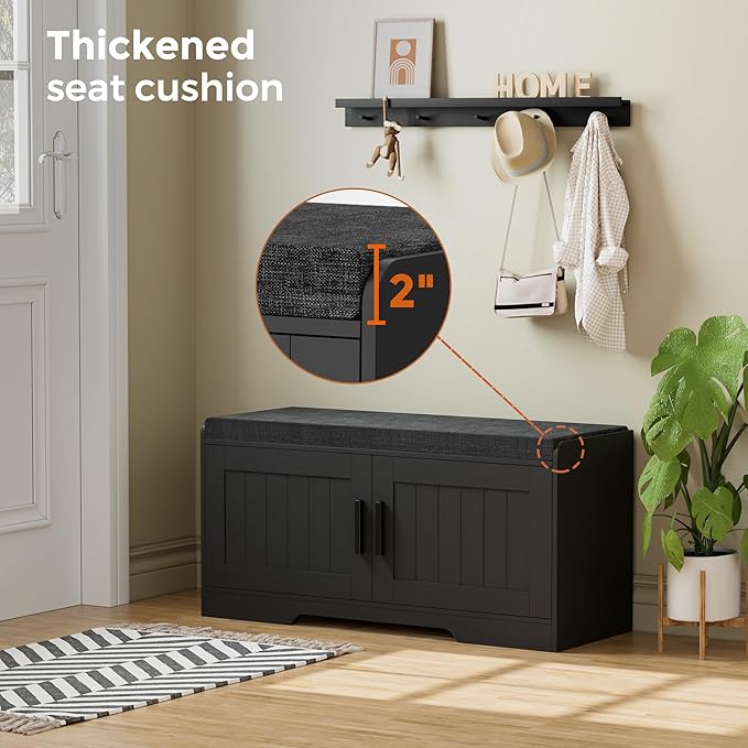 2-Tier Storage Bench, Shoe Bench with Thickened Padded Seat Cushion, Entryway Bench with 2 Doors, Adjustable Shelf, 13.8" D x 37.4" W x 18.5" H, for Entryway, Living Room, Bedroom, Black
