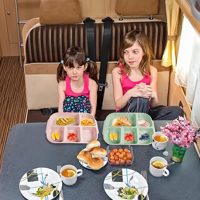 greenandlife 10.8 Inch 4PCS Divided Plates for Kids Adults, Portion Control Plates, Dishwasher & Microwave Safe Compartment Plate, Unbreakable Lightweight Reusable Wheat Straw Plates, INS