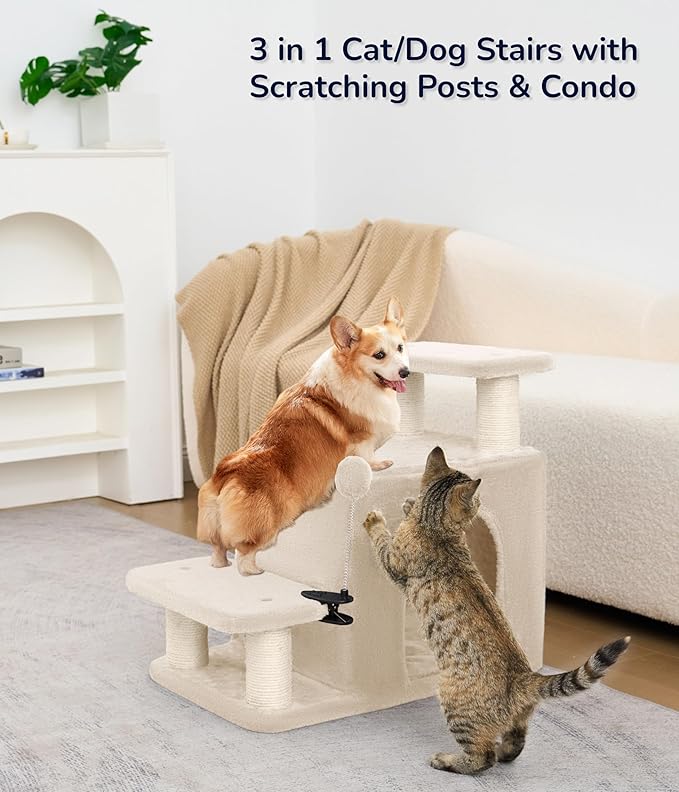 Happi N Pets Dog Stairs with Cat Scratching Post & Large Condo, Stable Pet Steps for High Beds Couch, 3 Combinations Cat Ramp Tree Tower for Cats or Small Dogs, Removable Cushion & Bonus Toy, Beige