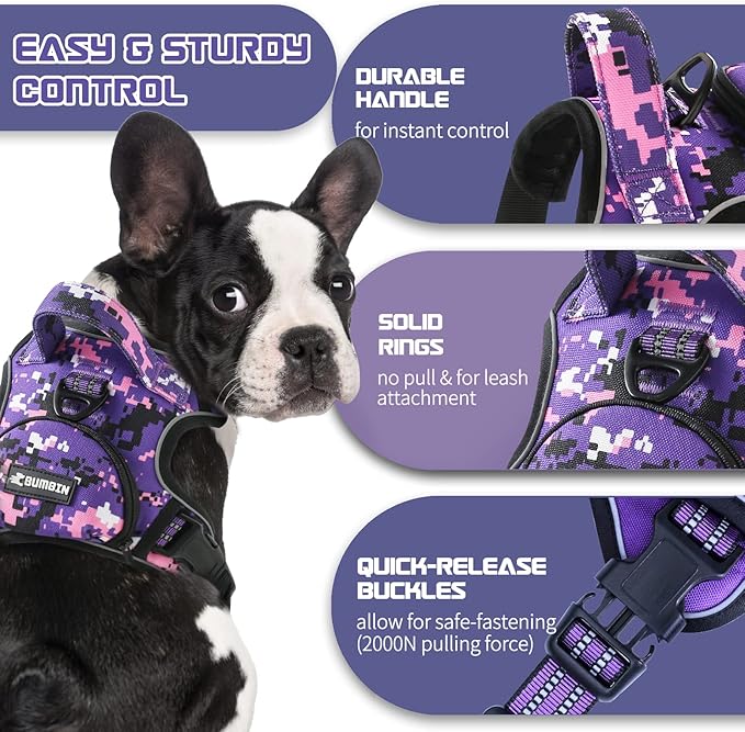 No Pull Dog Harness for Small Dogs, Adjustable No Choke Pet Vest with Dog Leash Fit Smart Reflective Pet Walking Harness for Training Easy Control Soft Handle Purple Camo S