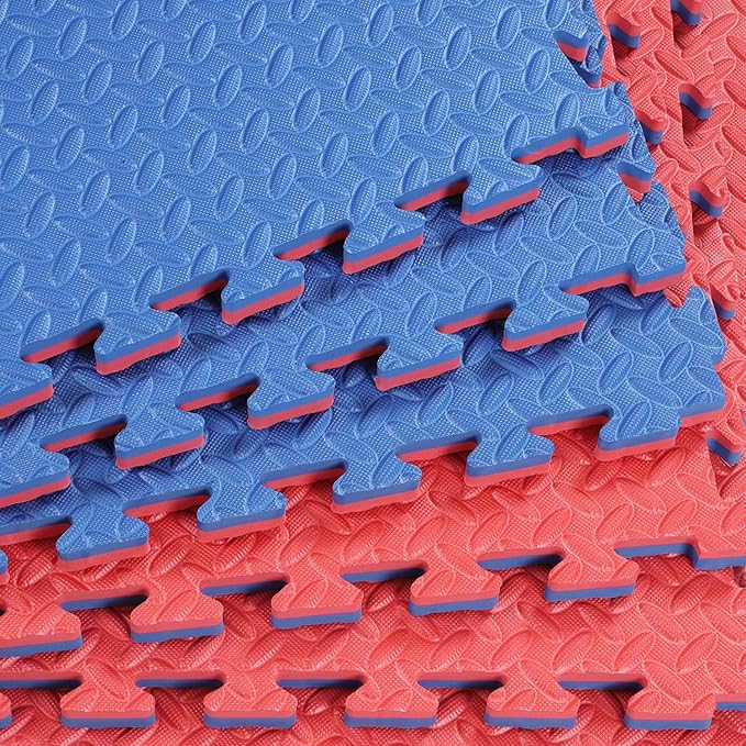 Xspec 1" Extra Thick 48 sq ft Reversible EVA Gym Foam Floor Mat Tiles (24" x 24"), Steel Pattern, 12 pcs, Blue & Red