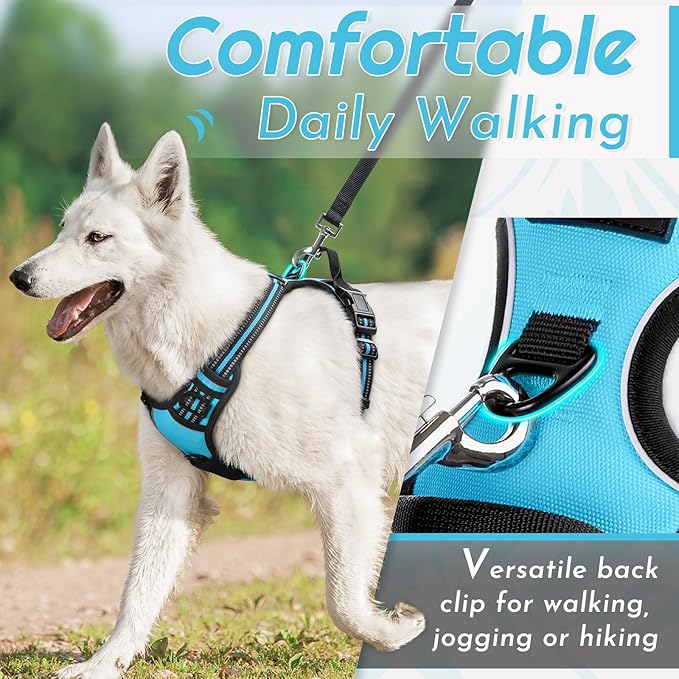 Eagloo Dog Harness for Large Dogs, No Pull Service Vest with Reflective Strips and Control Handle, Adjustable and Comfortable for Easy Walking, No Choke Pet Harness with 2 Metal Rings, Sky Blue, L