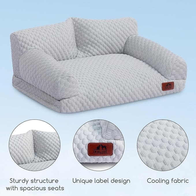 Hollypet Cooling Dog Cat Pet Couch Soft Calming Sofa Bed for Medium Small Cats and Dogs, Gray, 24"x 18"x10"