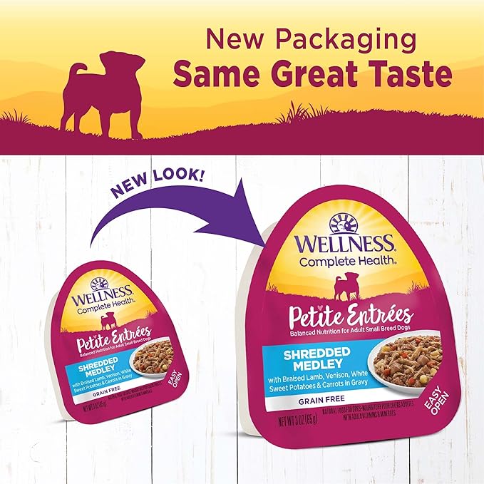 Wellness Petite Entrées Shredded Medley with Braised Lamb, Venison, White Sweet Potatoes & Carrots, 3-Ounce Cup (Pack of 12)