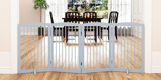 Freestanding Wooden Pet Gate - Foldable Indoor Dog Gate, 80 Inch Wide, 4 Panels, Grey