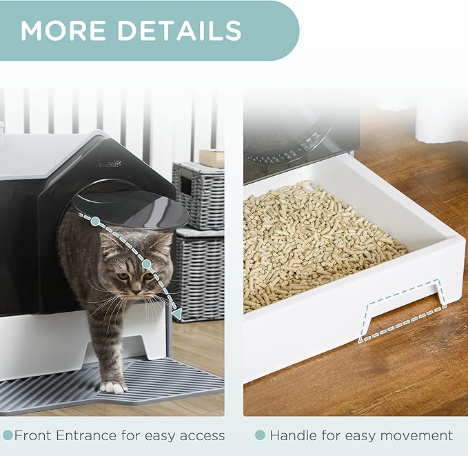PawHut Hooded Cat Litter Box with Kitty Litter Mat, Kitty Litter Pan with Odor Control, Easy-Clean Pull-Out Drawer, Handle, Scoop, Gray