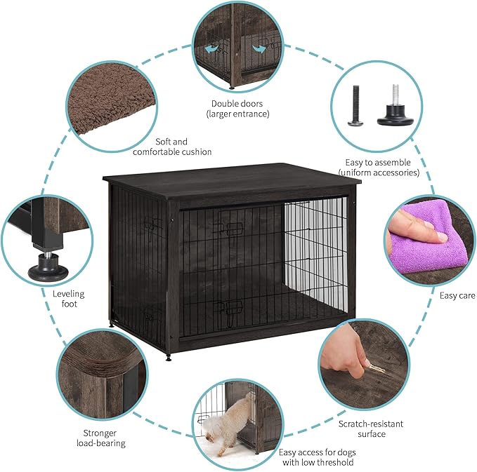 DWANTON Dog Crate Furniture with Cushion, Wooden Kennel Table with Double Doors, Indoor Dog House, Large Size, 38.5" L, Dark Gray