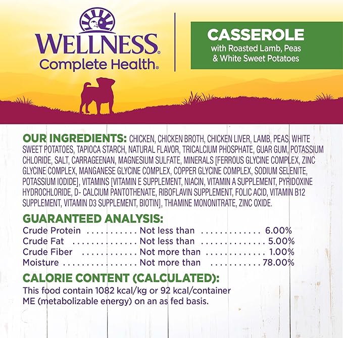 Wellness Petite Entrées Casserole with Roasted Lamb, Peas & White Sweet Potatoes, 3-Ounce Cup (Pack of 12)