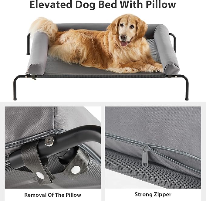 RRPETHOME Large Elevated Cooling Dog Bed, Raised Dog Cot Beds for Large Dogs, Elevated Outdoor Pet Cot, Chew Proof Portable Cooling Pet Cot with Skid-Resistant Feet and Breathable Mesh