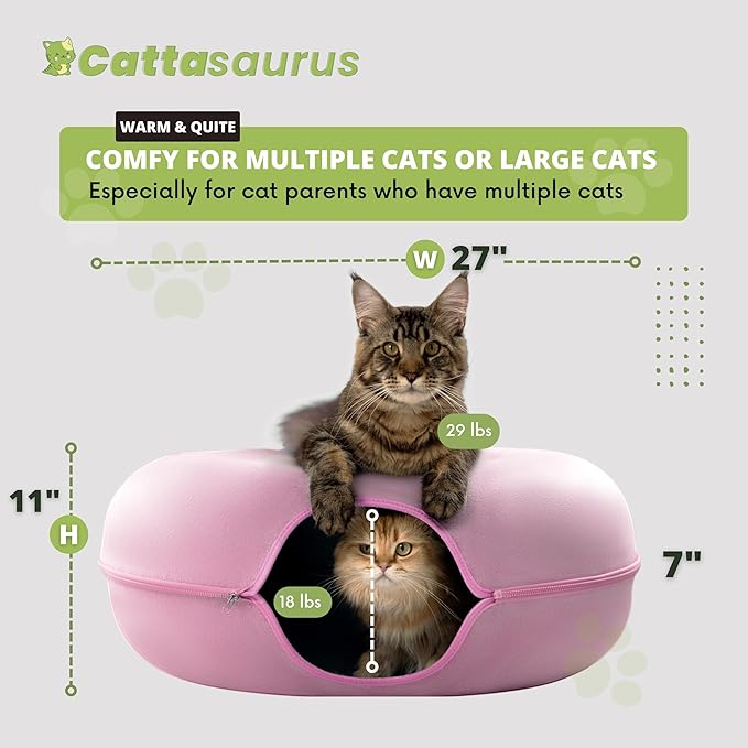 Cattasaurus Peekaboo Cat Cave for Multiple & Large Cats Up to 30-45 Lbs, Scratch Detachable & Washable Tunnel Bed, Comfy Donut Cat Cave (Pink, Jumbo)