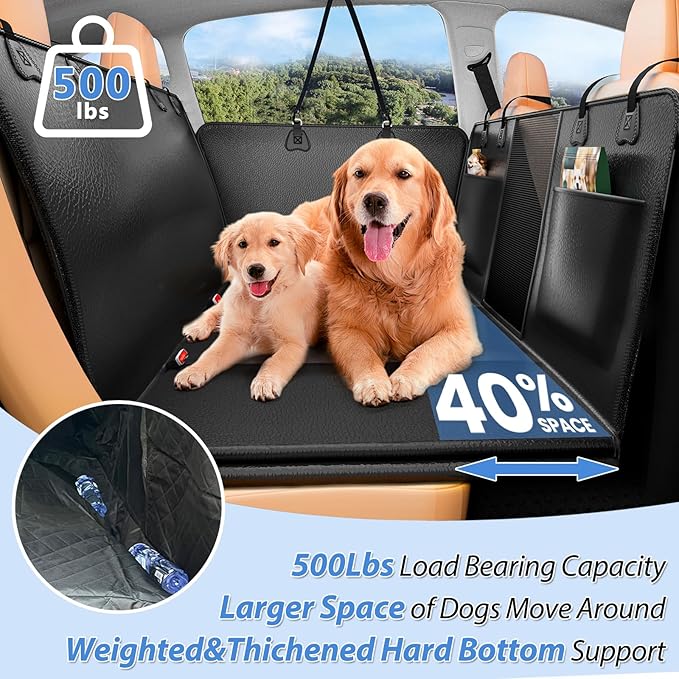 Hard Bottom Dog Car Seat Cover for Back Seat – Waterproof Nonslip Hammock Extender for Trucks & SUVs, Heavy Duty Pet Protector, Black Faux Leather