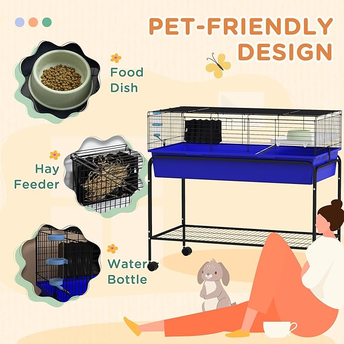 PawHut Two-Story Small Animal Cage Removable from Stand, Guinea Pig Cage with Shelf & Wheels, Pet Habitat for Hedgehog, Chinchilla, Ferret, 39" x 20.5" x 36.5", Blue
