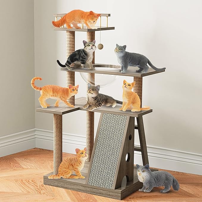 Toymany 8PCS Grey & Orange Cat Figurines Set, Realistic Cat Figures Kitten Toys, Cat Cake Toppers Easter Eggs Birthday Gift for Kids Children