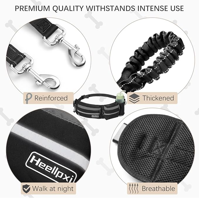 Hands-Free Dog Leash With Pouch, Waist Attachment for Walking Two Dogs, Reflective Stitching, Dual Handle, Bungee Retractable Running for Medium to Large Dogs Black
