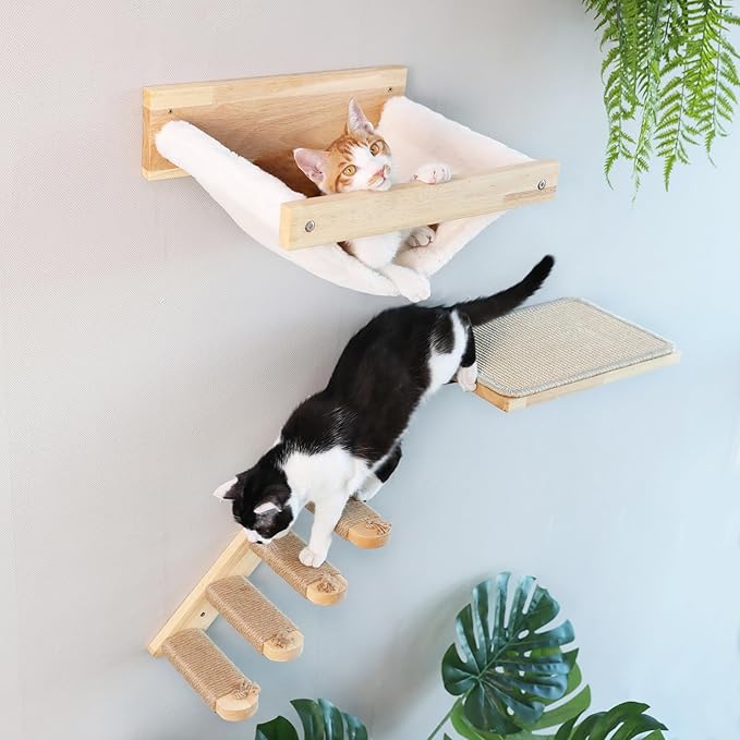 FUKUMARU Cat Wall Furniture, 3 Pack Cats Walls Shelves Set, Solid Rubber Wood Kitten Shelf for Sleeping, Playing, Climbing and Lounging