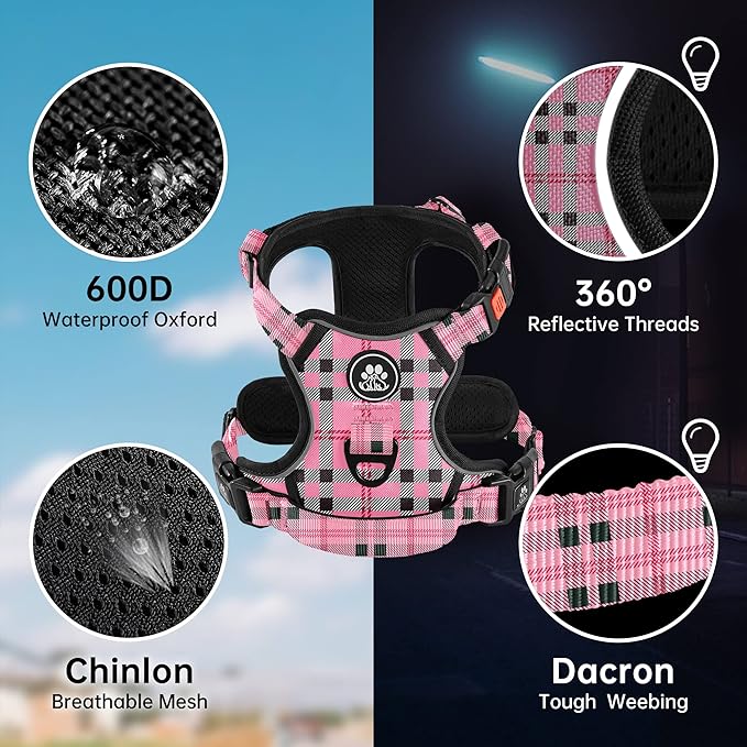NESTROAD No Pull Dog Harness with Leash, Reflective No Choke Pet Vest Harness,Adjustable Soft Padded Dog Harness with Easy Control Handle for Large Dogs(Checkered Pink,X-Large)