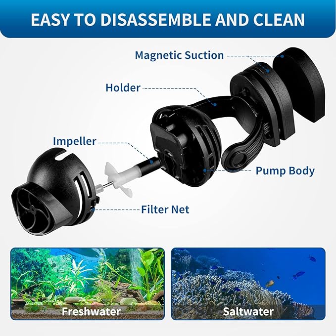 FREESEA Aquarium Powerhead Wave Maker: 1050 GPH Circulation Wavemaker Pump - 360° Adjustable Power Head with Magnetic Suction for 1-55 Gallon Fish Tank | Saltwater | Freshwater