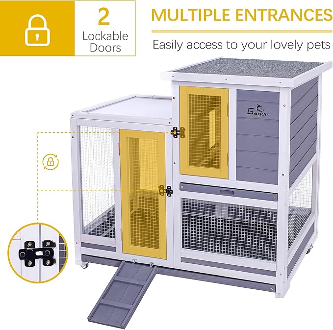 GEGURI Rabbit Hutch, Two-Story Indoor Bunny Cage, Outdoor Guinea Pig Cages for Small Animals with Wheels, Removable Tray