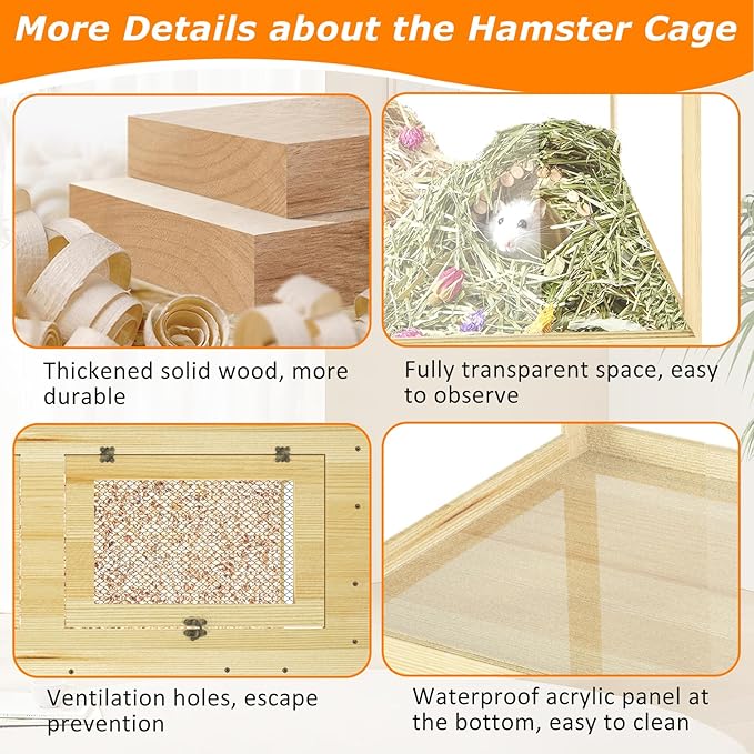 Large Hamster Cage 40", Lockable Sliding Door Gerbil Cage, Dwarf Hamster Cage with Metal Mesh Roof, Mice and Rat Habitat, Chewproof Syrian Hamster Enclosure, (Wooden, 40" L x 20" W x 20" H)