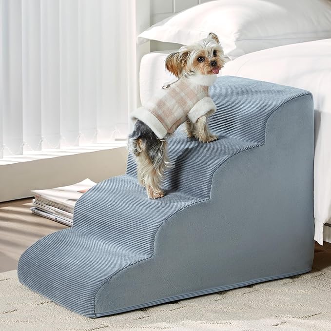 Dog Steps for Bed, 4-Steps Dog Ramp for Bed, Pet Stairs with Highly Supportive Foam and Non-Slip Bottom, Dog Stairs for Large Dogs and Medium Dogs (High 19.7 Inch), Grey