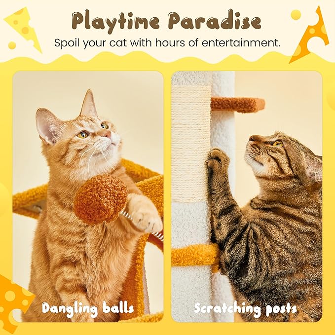 MWPO Cat Tree, 63.8-Inch Cat Tower for Indoor Cats, Multi-Level Cat Condo with 5 Scratching Posts, 2 Perches, Hammock, Dangling Toys, Yellow