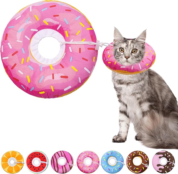 Cat Cone Soft Collar, Adjustable Cat Recovery Collars Kitten Cones to Stop Licking, Cute Donut Neck Collar After Surgery, Elizabethan Kittens Protective Cones After Spay (Donut Pink, Medium)