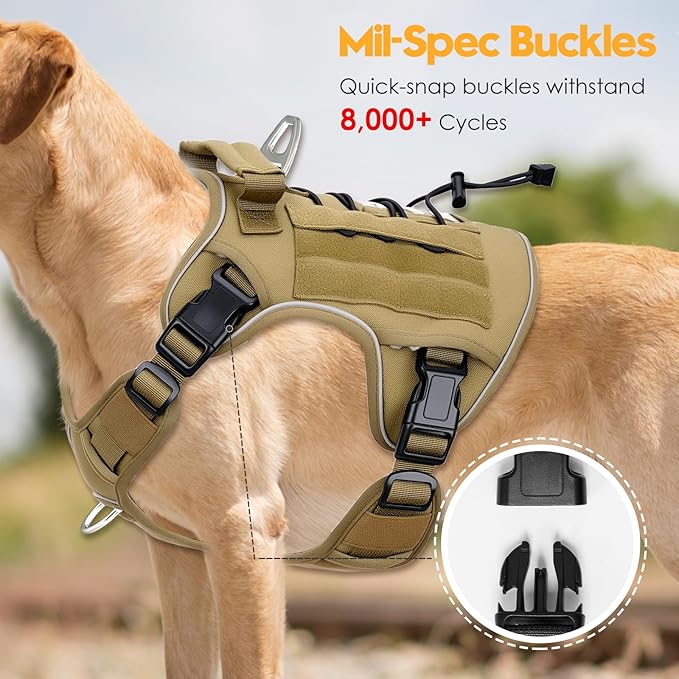 Heavy-Duty Tactical Dog Harness for Large Dogs, No Pull Adjustable Reflective Pet Vest with Molle System, K9 Military-Grade Control for Service Training, Outdoor & 10+ Breeds, Khaki, XX-Large